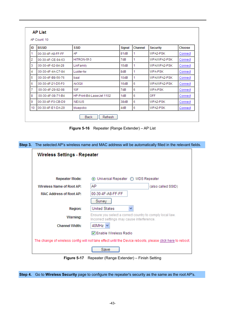 Igure, Epeater, Ange | Xtender, Inish, Etting | PLANET WNAP-1110 User Manual | Page 43 / 112