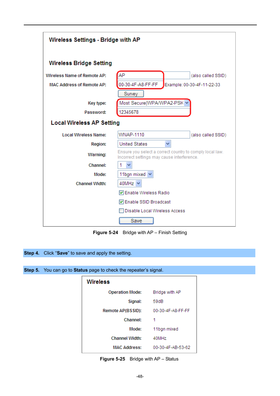 Igure, Ridge with, Inish | Etting, Tatus | PLANET WNAP-1110 User Manual | Page 48 / 112