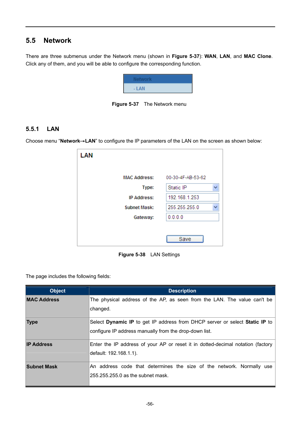 5 network, 1 lan, Network | Igure, Etwork menu, Ettings | PLANET WNAP-1110 User Manual | Page 56 / 112