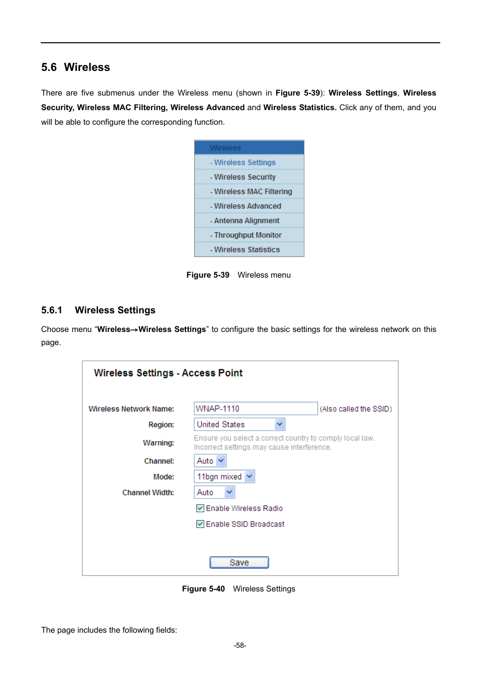 6 wireless, 1 wireless settings, Wireless | Wireless settings, Igure, Ireless menu, Ireless, Ettings | PLANET WNAP-1110 User Manual | Page 58 / 112