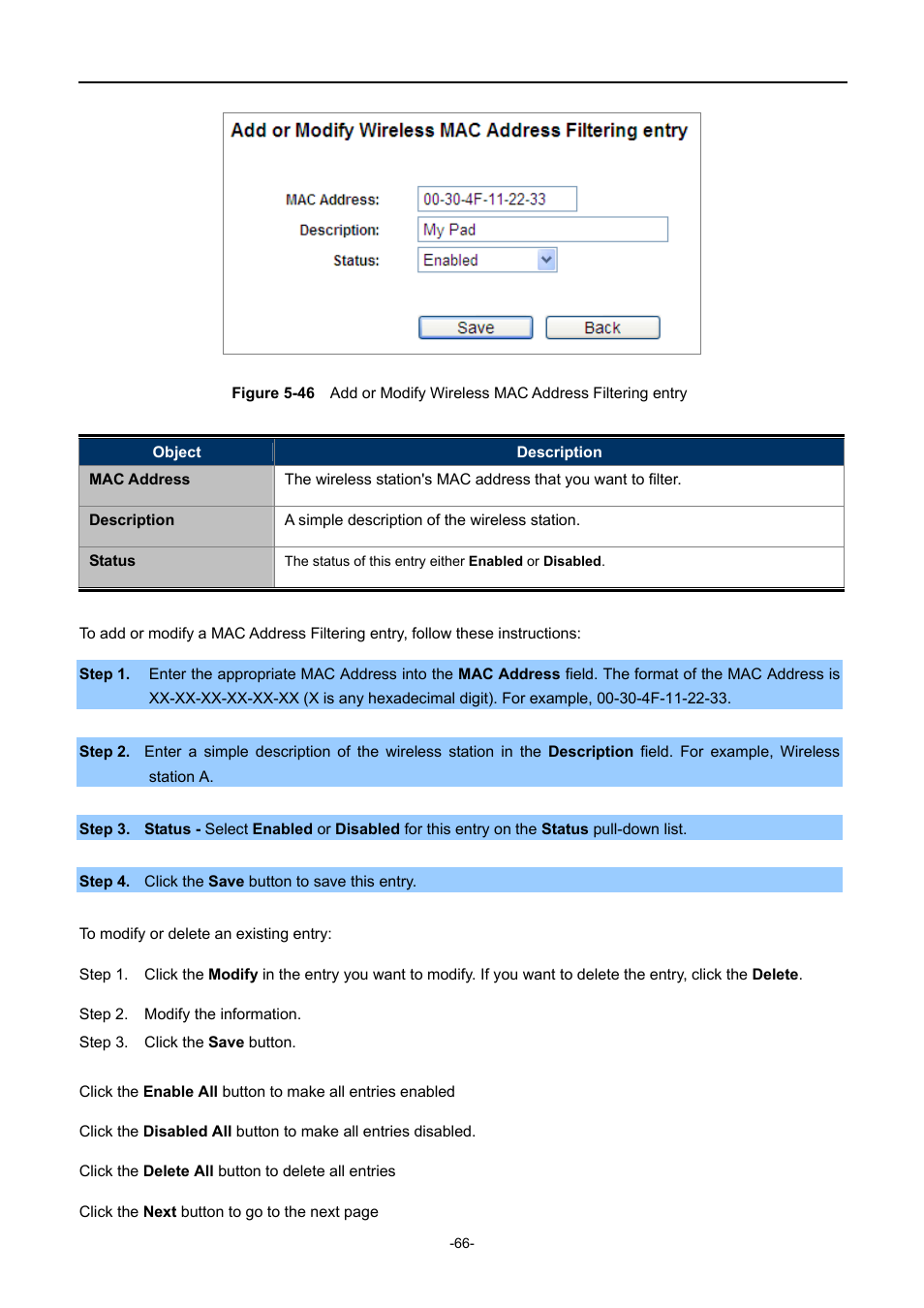 Igure, Dd or, Odify | Ireless, Ddress, Iltering entry | PLANET WNAP-1110 User Manual | Page 66 / 112