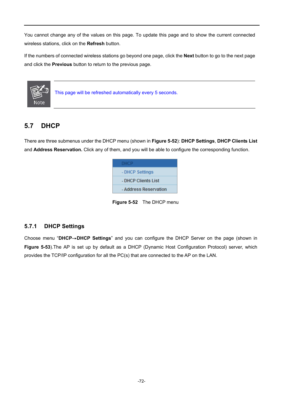 7 dhcp, 1 dhcp settings, Dhcp | Dhcp settings, Igure, Menu | PLANET WNAP-1110 User Manual | Page 72 / 112