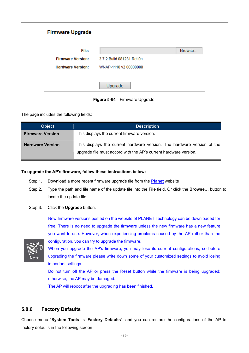 6 factory defaults, Factory defaults, Igure | Irmware, Pgrade | PLANET WNAP-1110 User Manual | Page 85 / 112