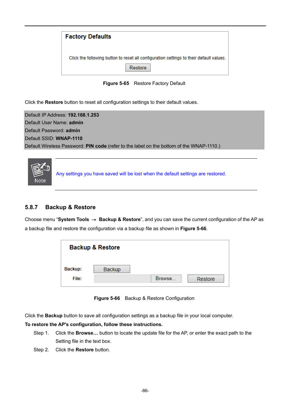 7 backup & restore, Backup & restore, Igure | Estore, Actory, Efault, Ackup, Onfiguration | PLANET WNAP-1110 User Manual | Page 86 / 112