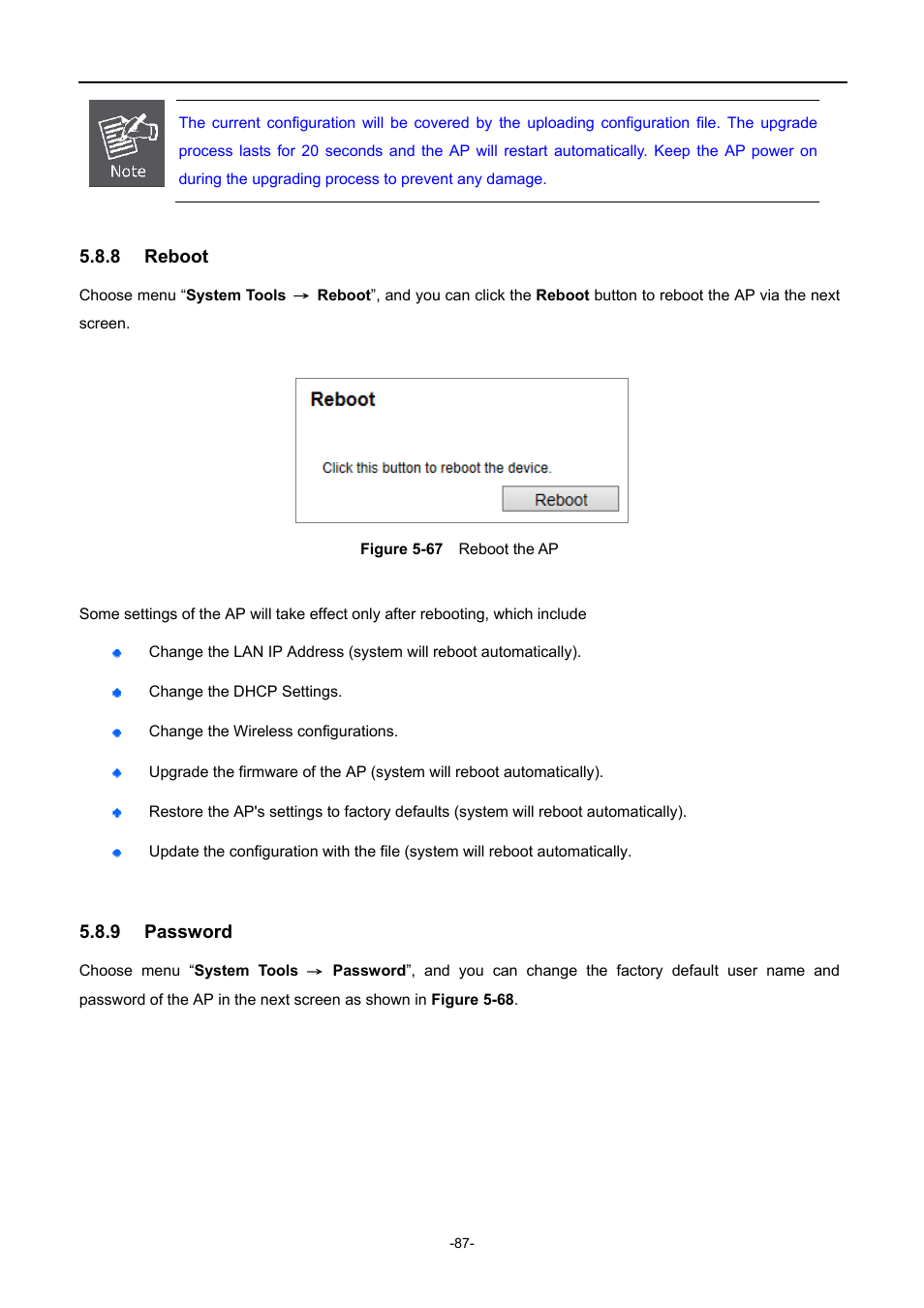8 reboot, 9 password, Reboot | Password, Igure, Eboot the | PLANET WNAP-1110 User Manual | Page 87 / 112