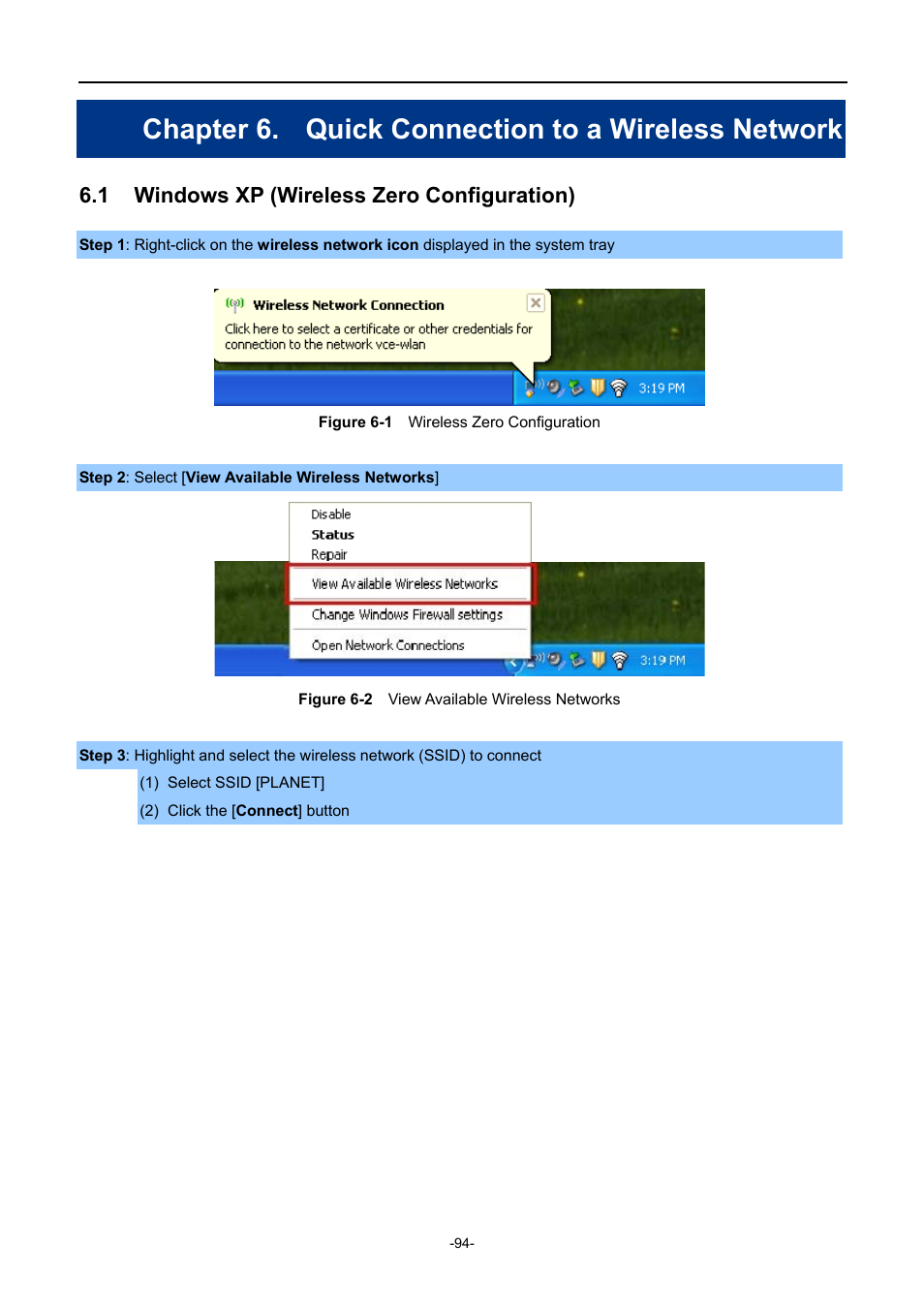 Chapter 6. quick connection to a wireless network, 1 windows xp (wireless zero configuration), Chapter 6 | Quick connection to a wireless network, Windows xp (wireless zero configuration), Igure, Ireless, Onfiguration, Vailable, Etworks | PLANET WNAP-1110 User Manual | Page 94 / 112