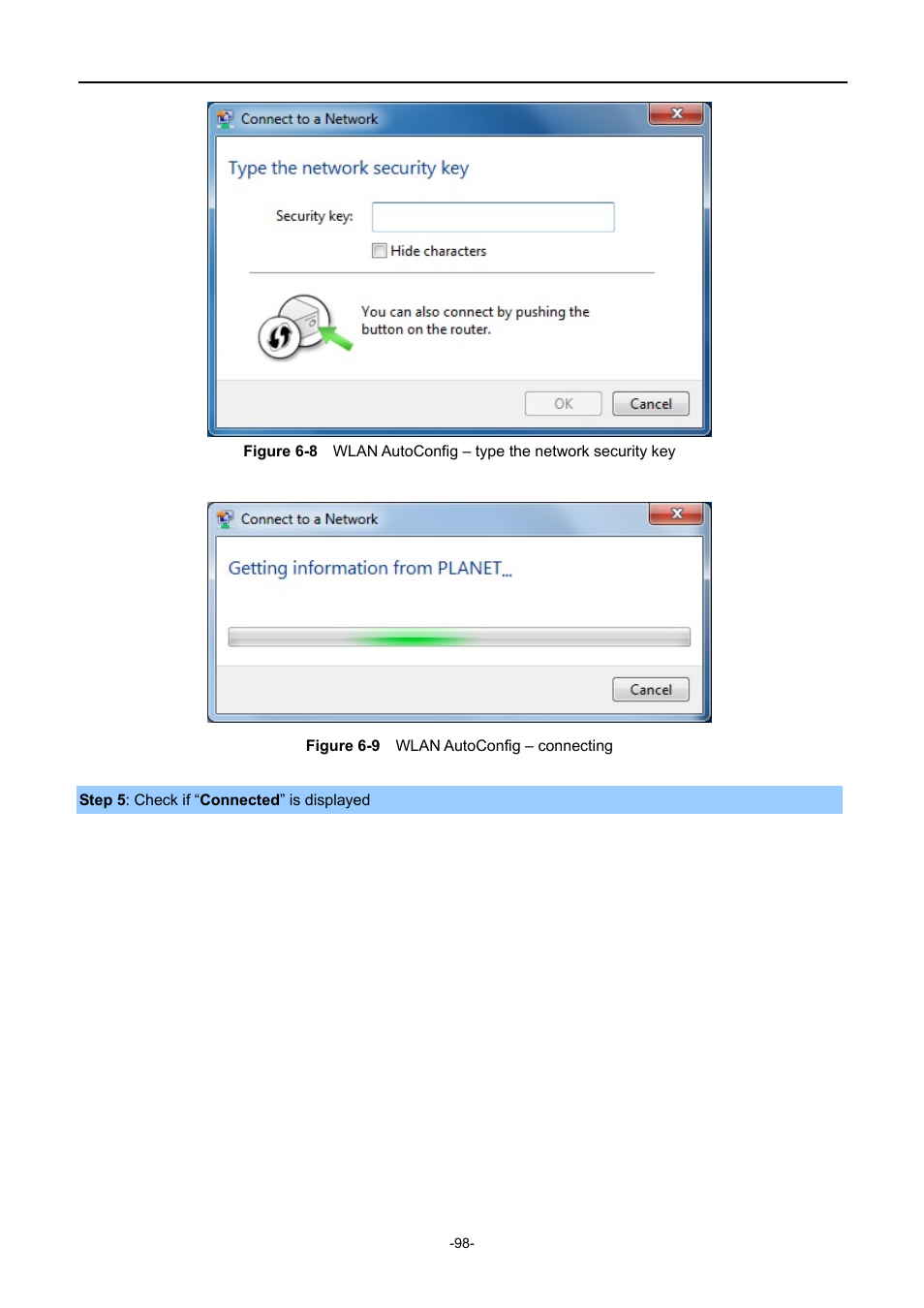 Igure, Wlan, Onfig | Type the network security key, Connecting | PLANET WNAP-1110 User Manual | Page 98 / 112