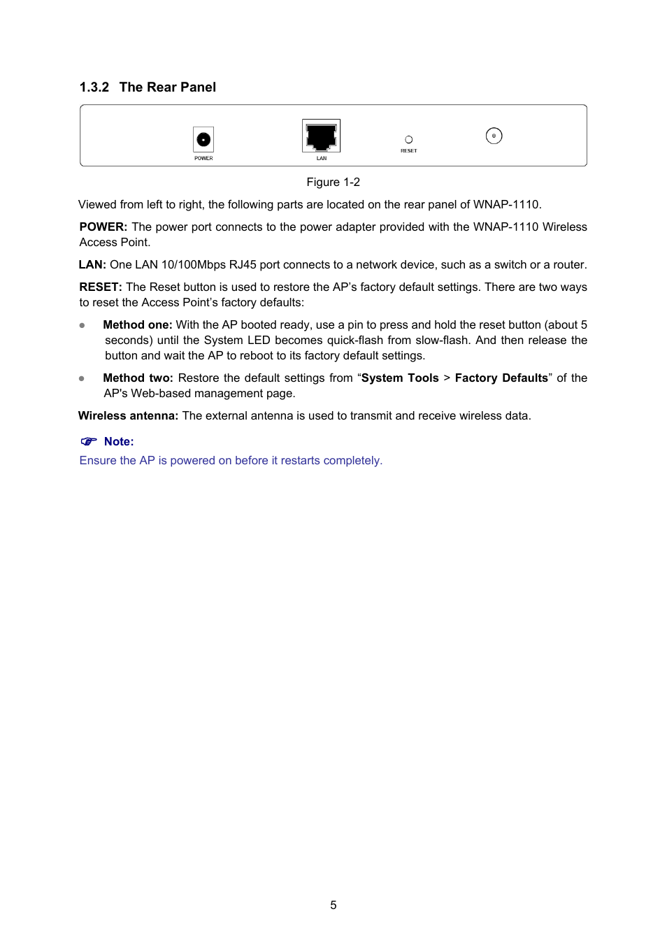 2 the rear panel, The rear panel | PLANET WNAP-1110 User Manual | Page 11 / 70