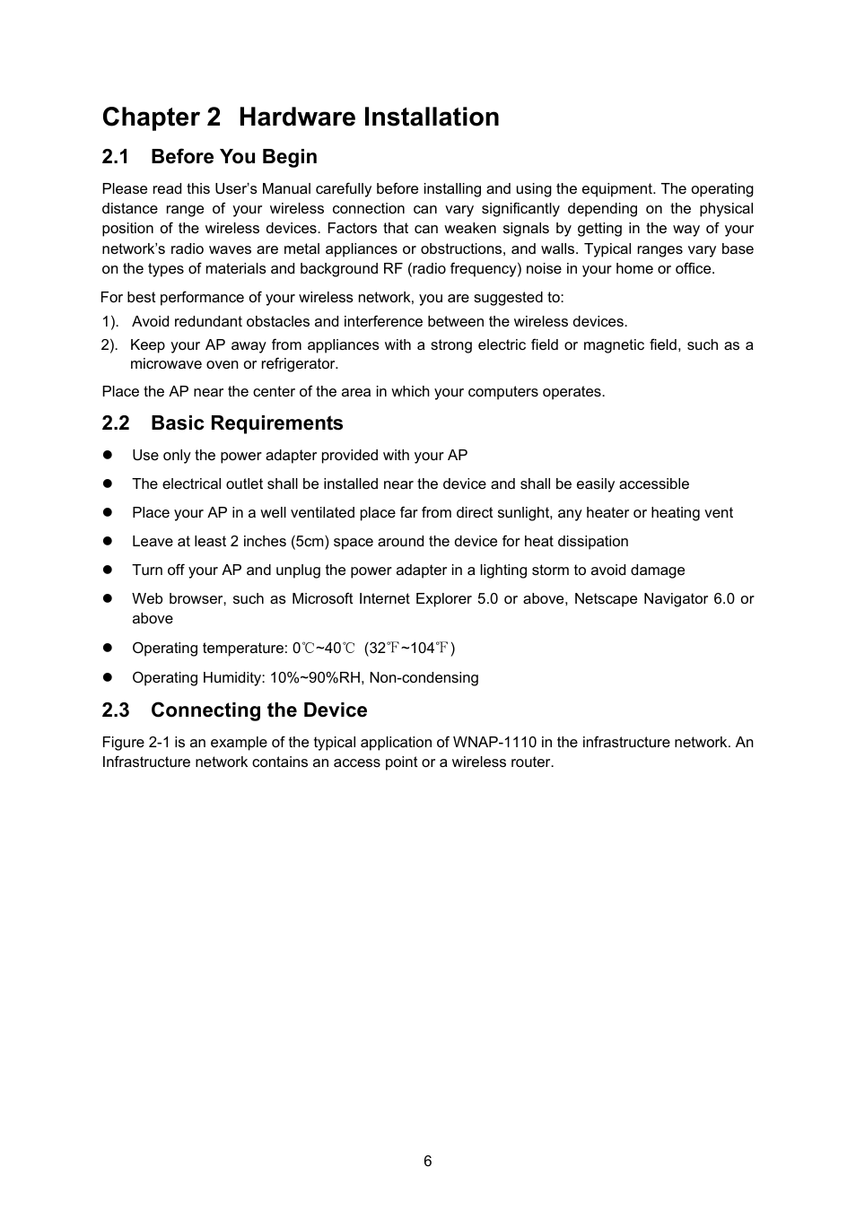 Chapter 2 hardware installation, 1 before you begin, 2 basic requirements | 3 connecting the device, Before you begin, Basic requirements, Connecting the device | PLANET WNAP-1110 User Manual | Page 12 / 70