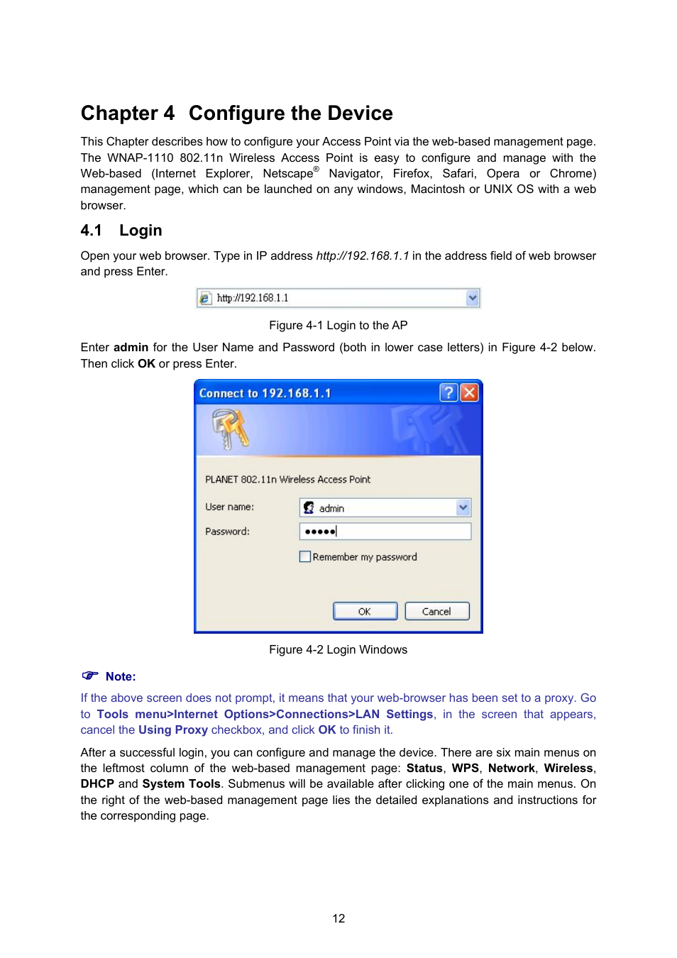 Chapter 4 configure the device, 1 login, Login | PLANET WNAP-1110 User Manual | Page 18 / 70