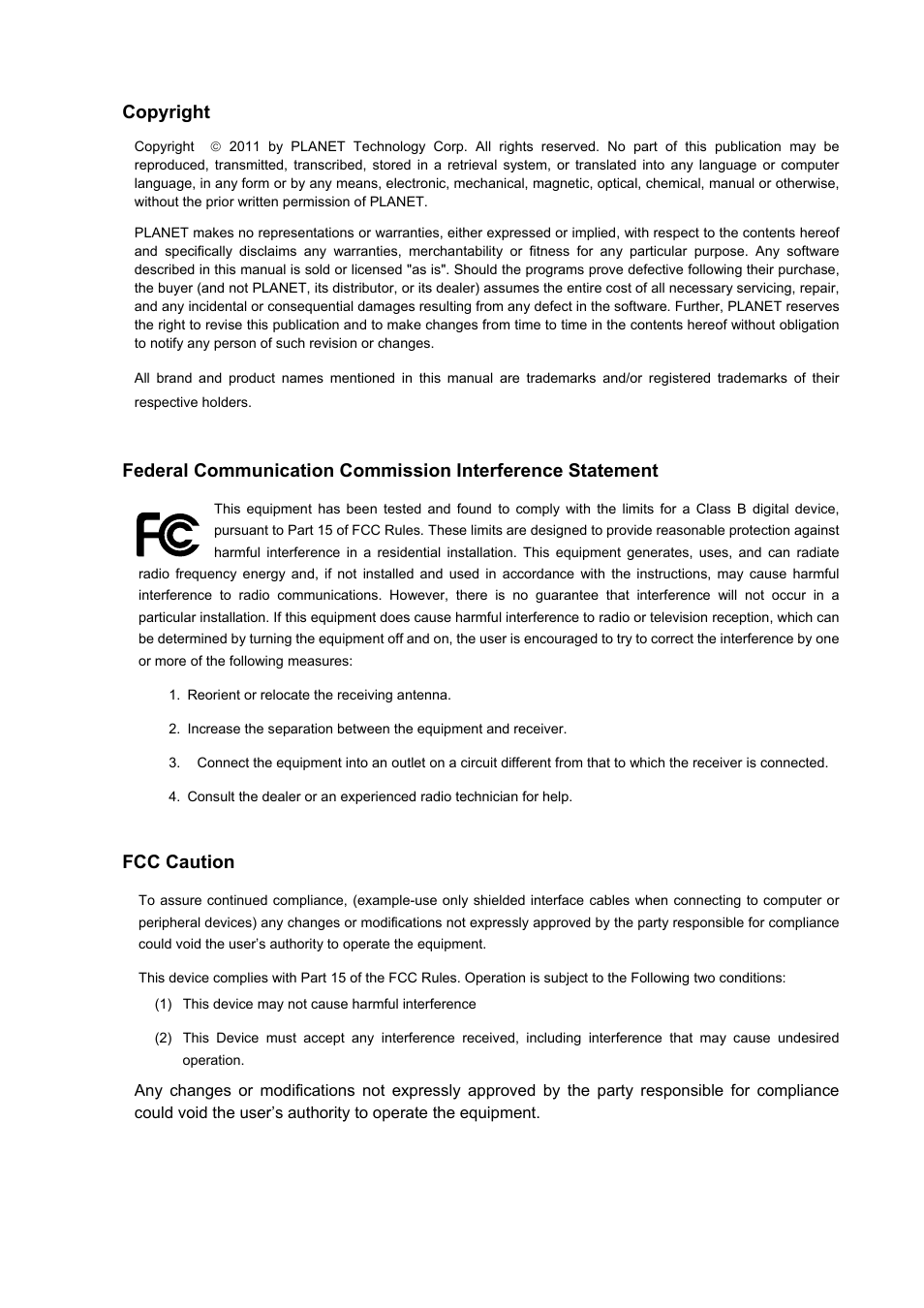 Copyright, Fcc caution | PLANET WNAP-1110 User Manual | Page 2 / 70