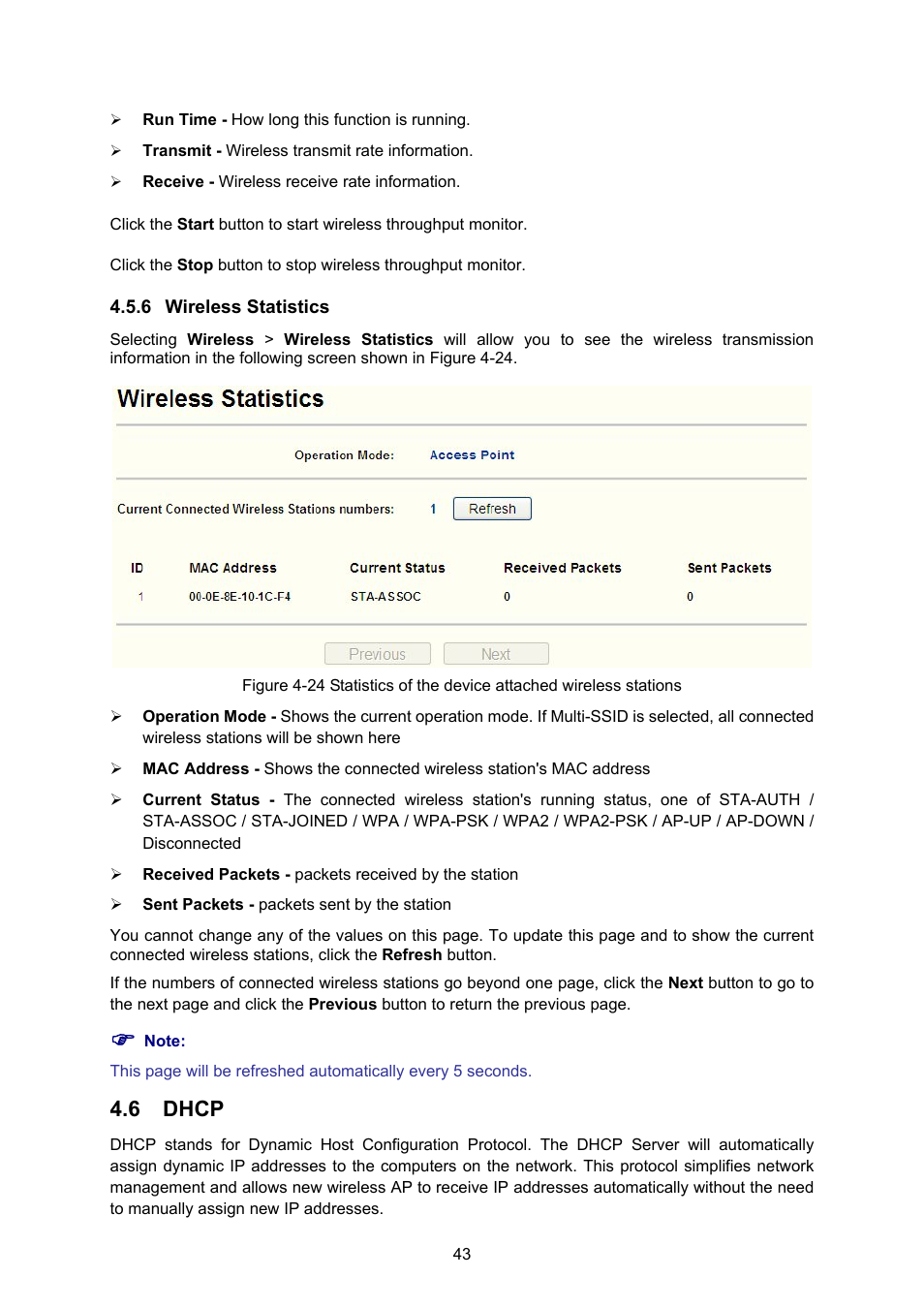 6 wireless statistics, 6 dhcp, Wireless statistics | Dhcp | PLANET WNAP-1110 User Manual | Page 49 / 70