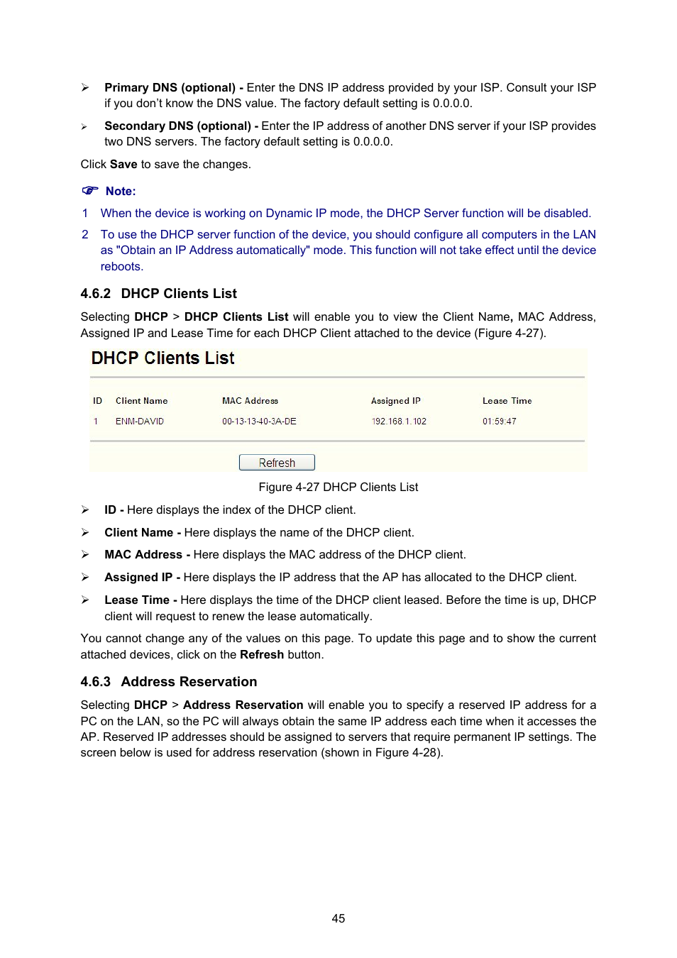 2 dhcp clients list, 3 address reservation, Dhcp clients list | Address reservation | PLANET WNAP-1110 User Manual | Page 51 / 70