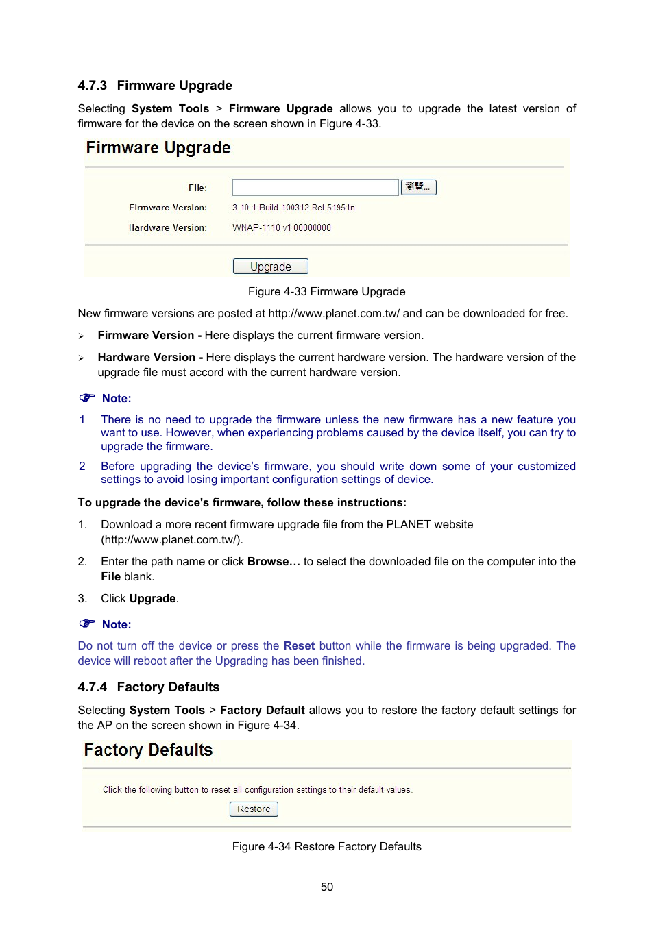 3 firmware upgrade, 4 factory defaults, Firmware upgrade | Factory defaults | PLANET WNAP-1110 User Manual | Page 56 / 70