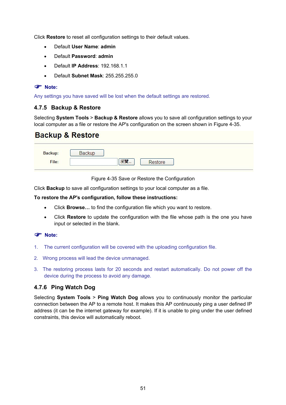 5 backup & restore, 6 ping watch dog, Backup & restore | Ping watch dog | PLANET WNAP-1110 User Manual | Page 57 / 70