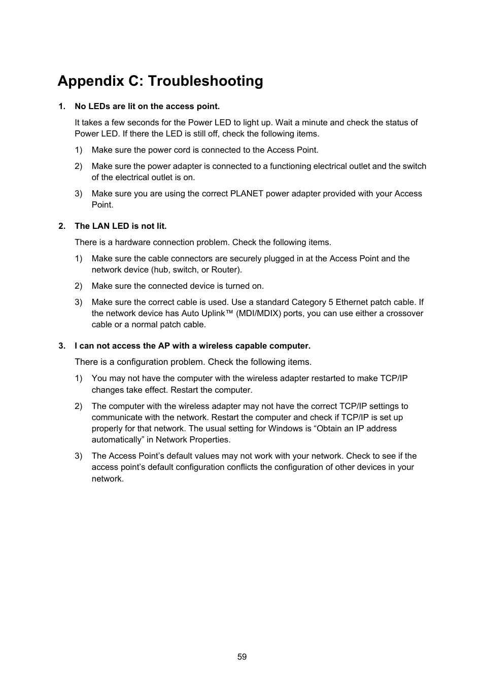 Appendix c: troubleshooting | PLANET WNAP-1110 User Manual | Page 65 / 70