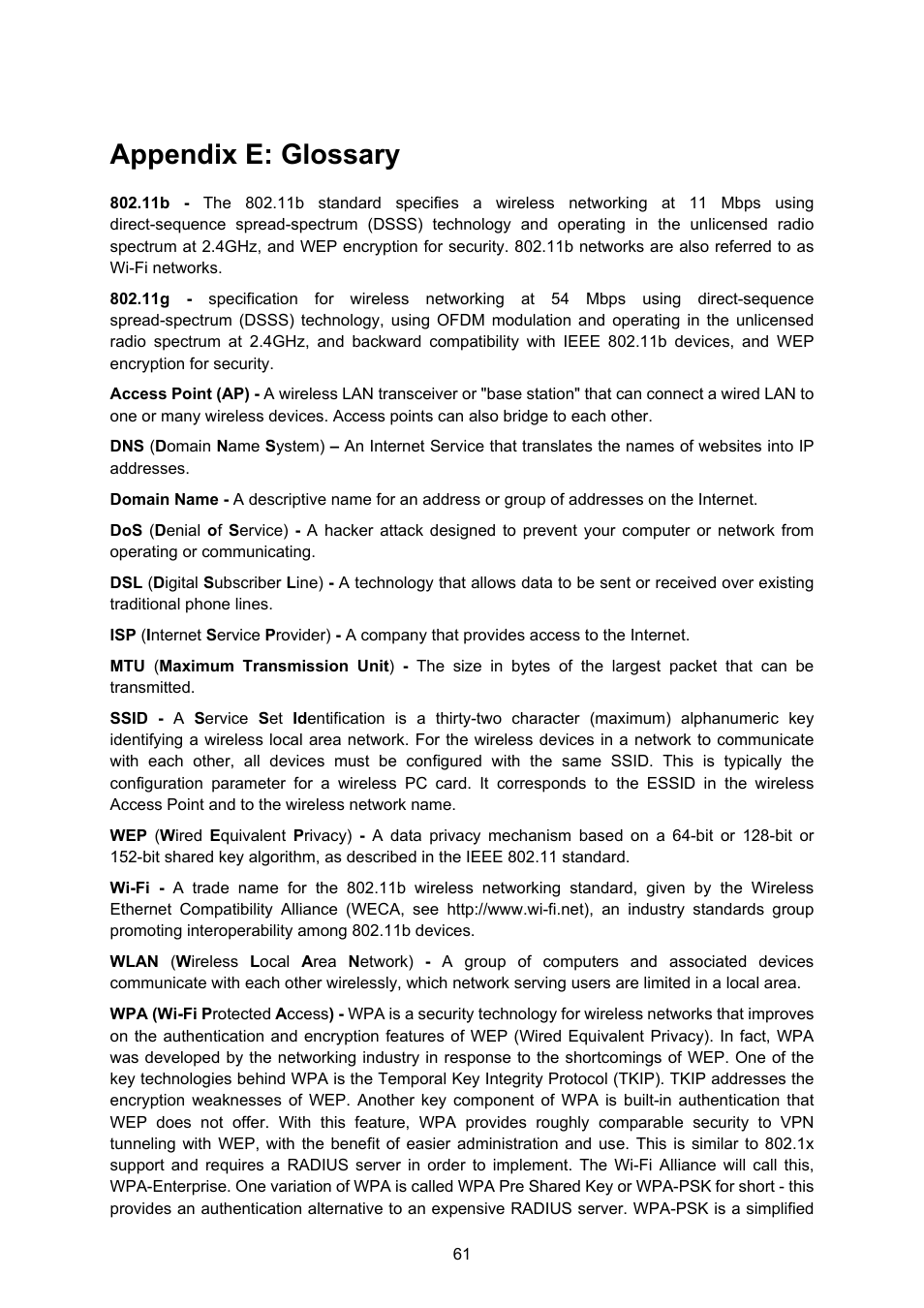 Appendix e: glossary | PLANET WNAP-1110 User Manual | Page 67 / 70