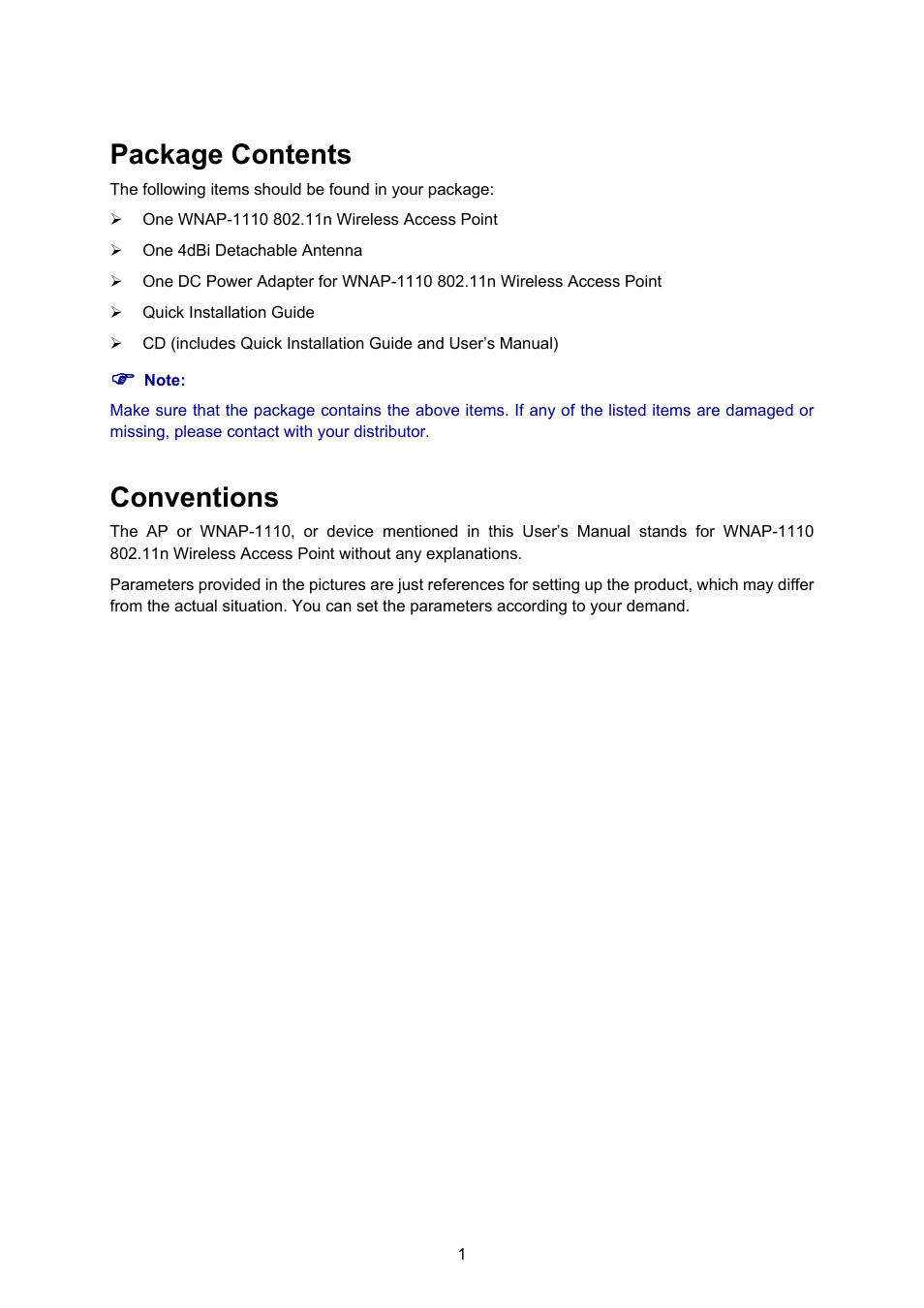 Package contents, Conventions | PLANET WNAP-1110 User Manual | Page 7 / 70