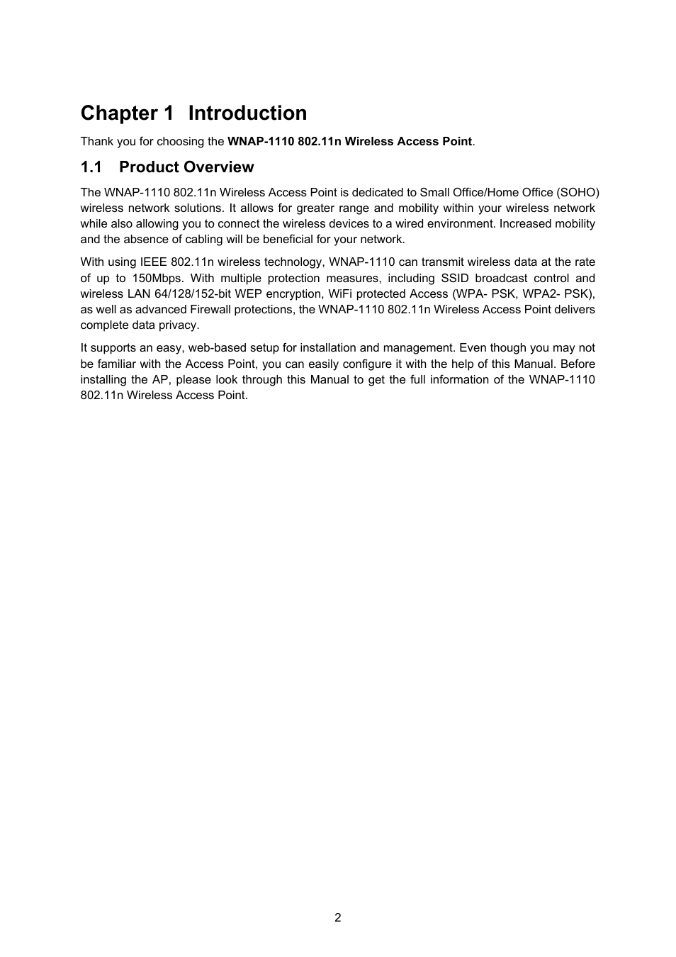 Chapter 1 introduction, 1 product overview, Product overview | PLANET WNAP-1110 User Manual | Page 8 / 70