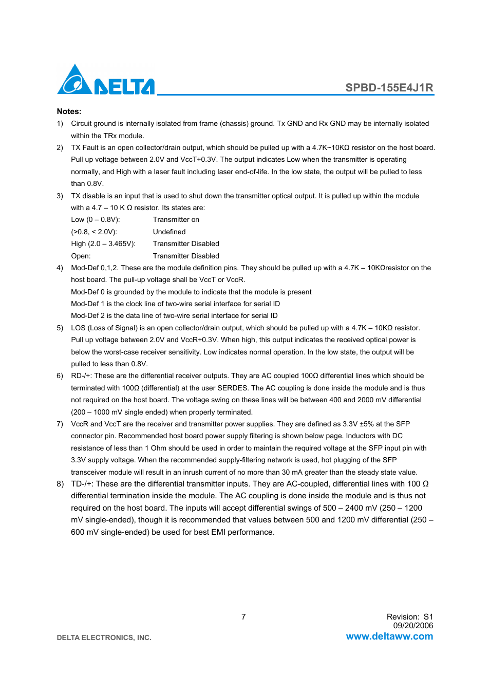Delta Electronics SFP Bi-Directional Transceiver Module SPBD-155E4J1R User Manual | Page 7 / 11