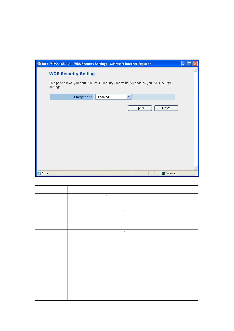 7 security setting of bridge mode, Security setting of bridge mode, Parameter description | PLANET WNAP-1120 User Manual | Page 24 / 49