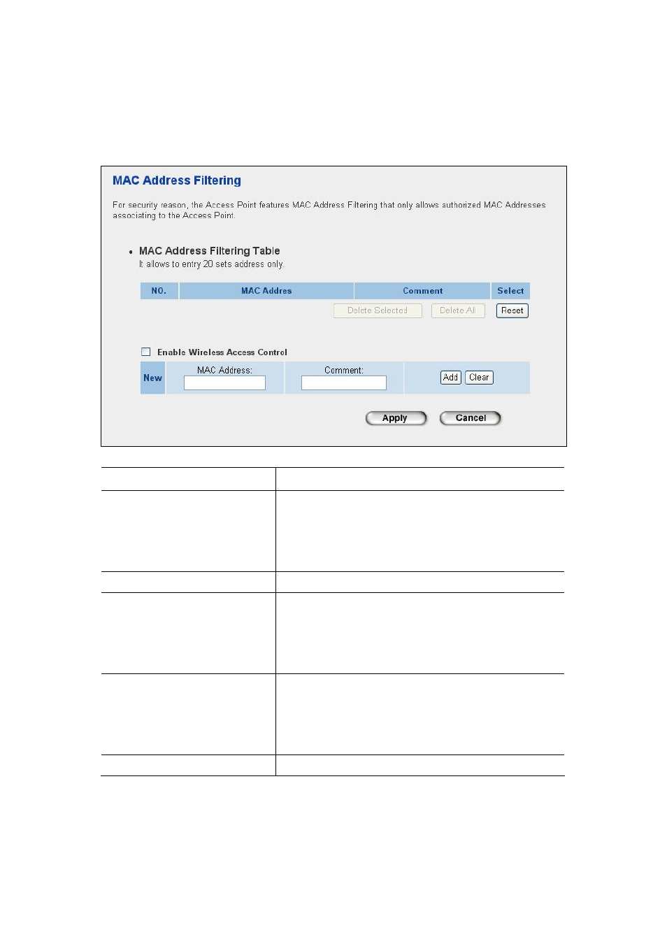 7 mac filtering, Mac filtering, Parameter description | PLANET WNAP-1120 User Manual | Page 39 / 49