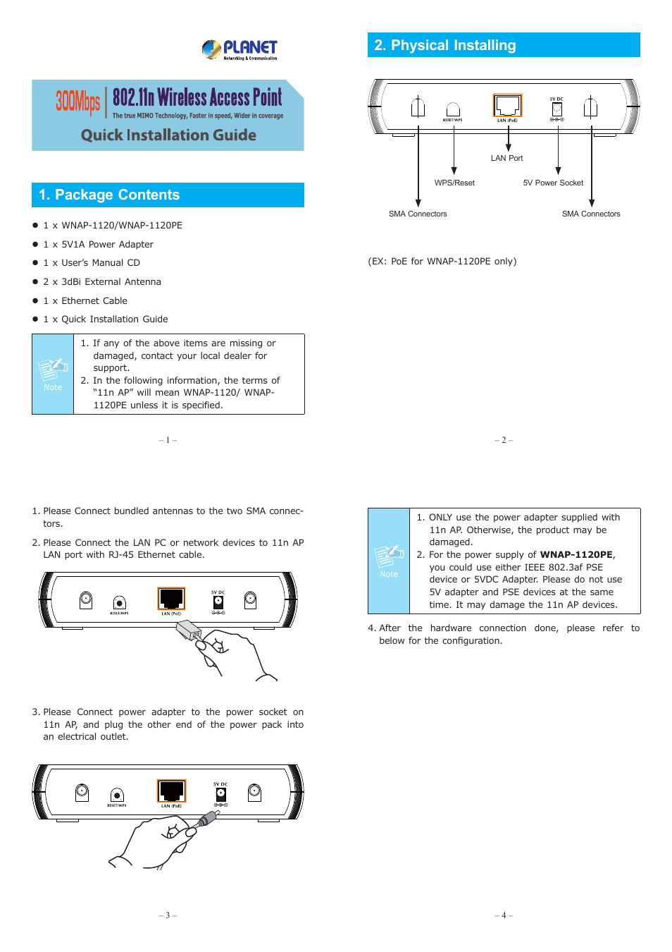 Package contents, Physical installing | PLANET WNAP-1120 User Manual | Page 2 / 4