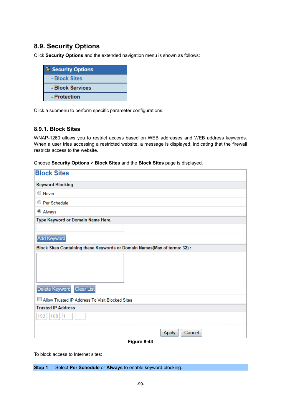 Security options, Block sites | PLANET WNAP-1260 User Manual | Page 107 / 154