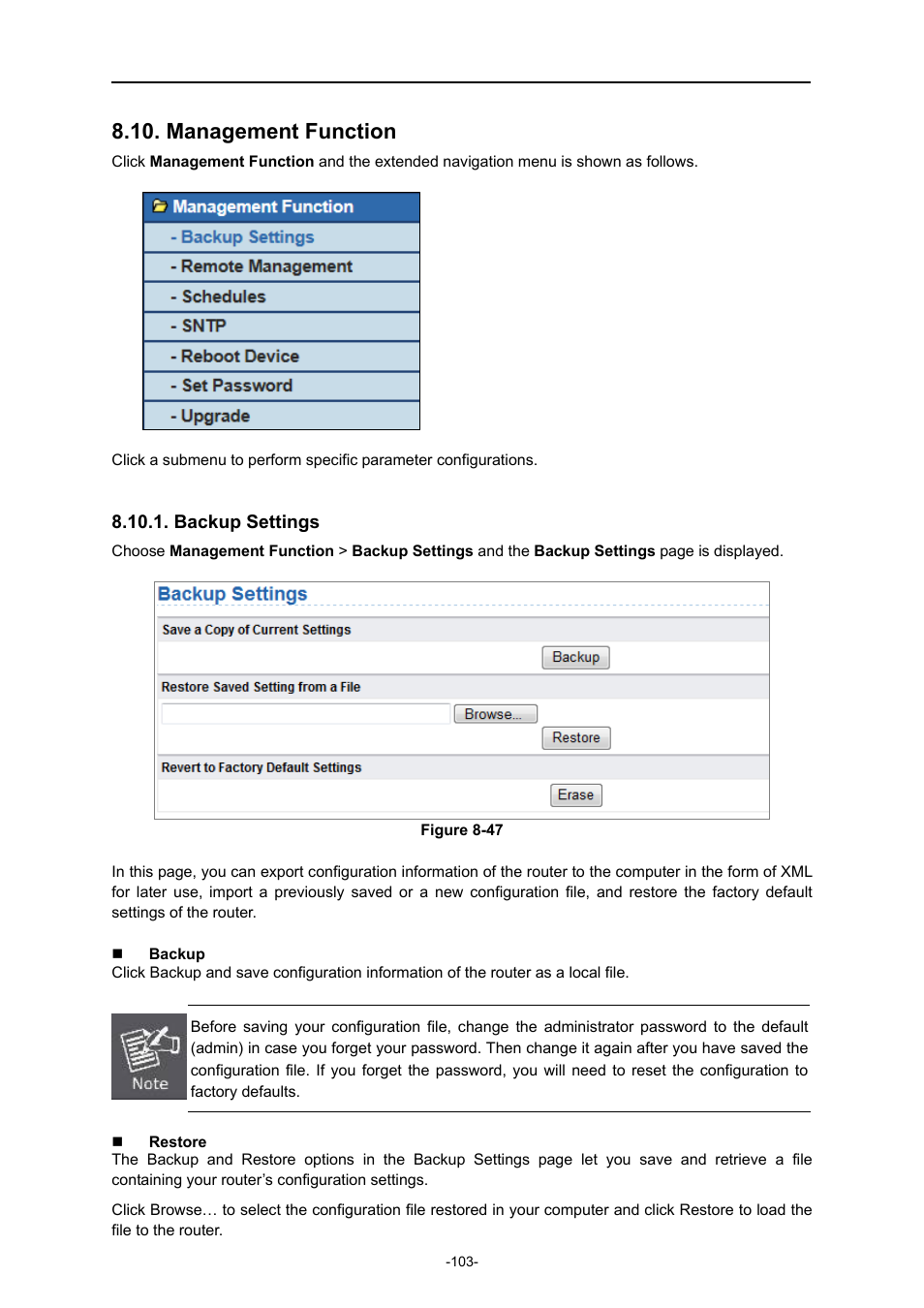 Management function, Backup settings | PLANET WNAP-1260 User Manual | Page 111 / 154
