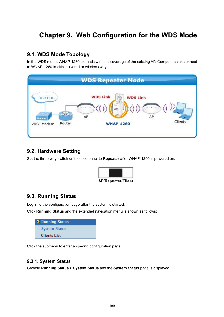 Chapter 9. web configuration for the wds mode, Wds mode topology, Hardware setting | Running status, System status | PLANET WNAP-1260 User Manual | Page 117 / 154