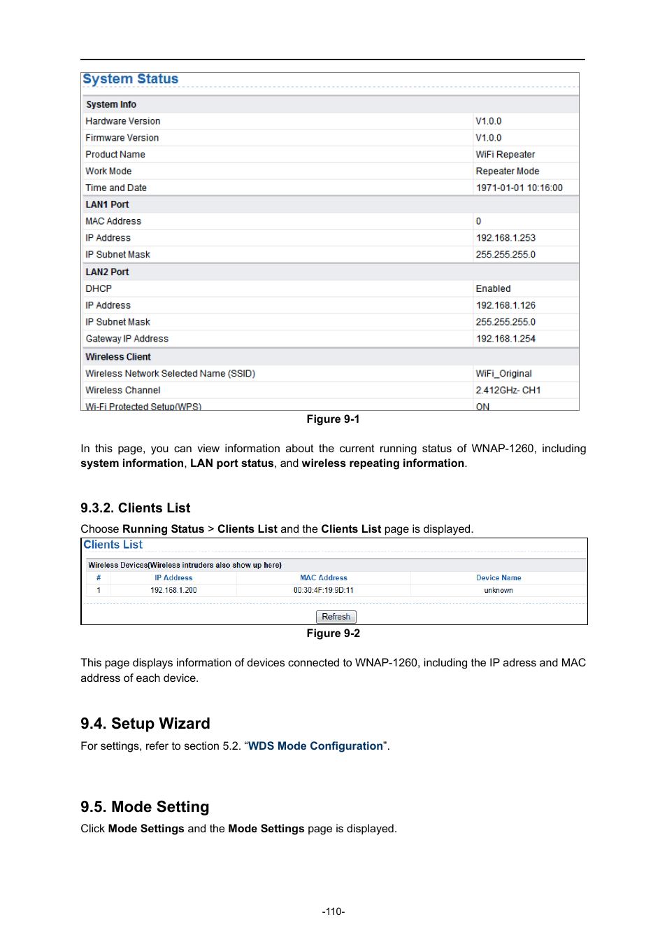 Clients list, Setup wizard, Mode setting | PLANET WNAP-1260 User Manual | Page 118 / 154