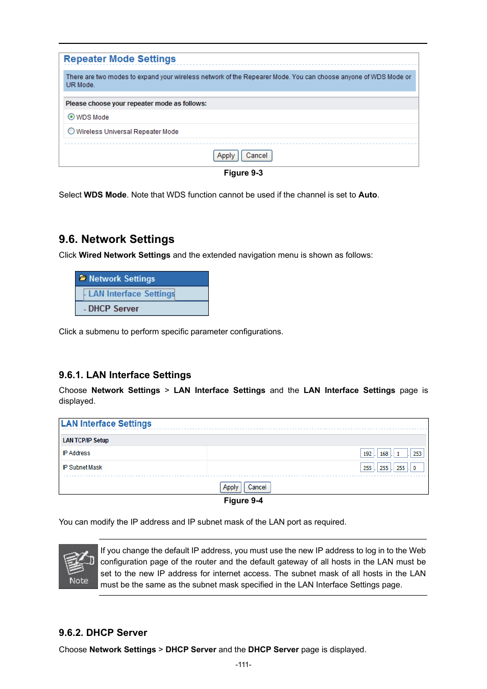 Network settings, Lan interface settings, Dhcp server | PLANET WNAP-1260 User Manual | Page 119 / 154