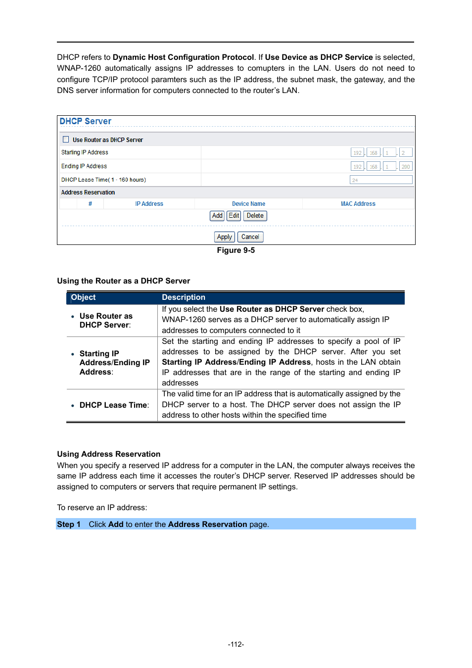 Using the router as a dhcp server, Using address reservation | PLANET WNAP-1260 User Manual | Page 120 / 154