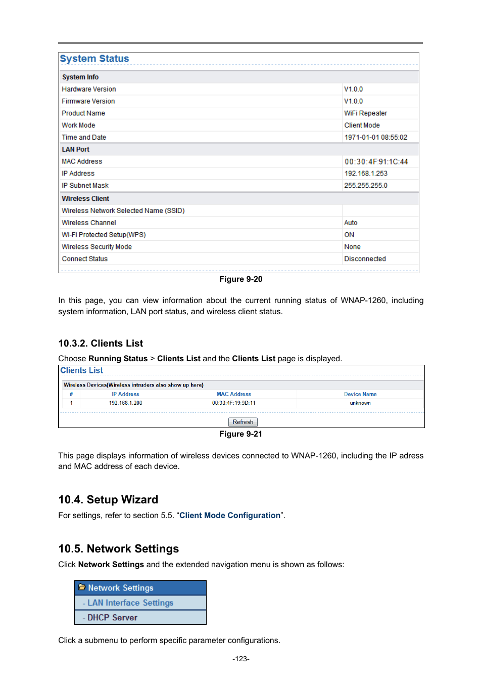 Clients list, Setup wizard, Network settings | PLANET WNAP-1260 User Manual | Page 131 / 154