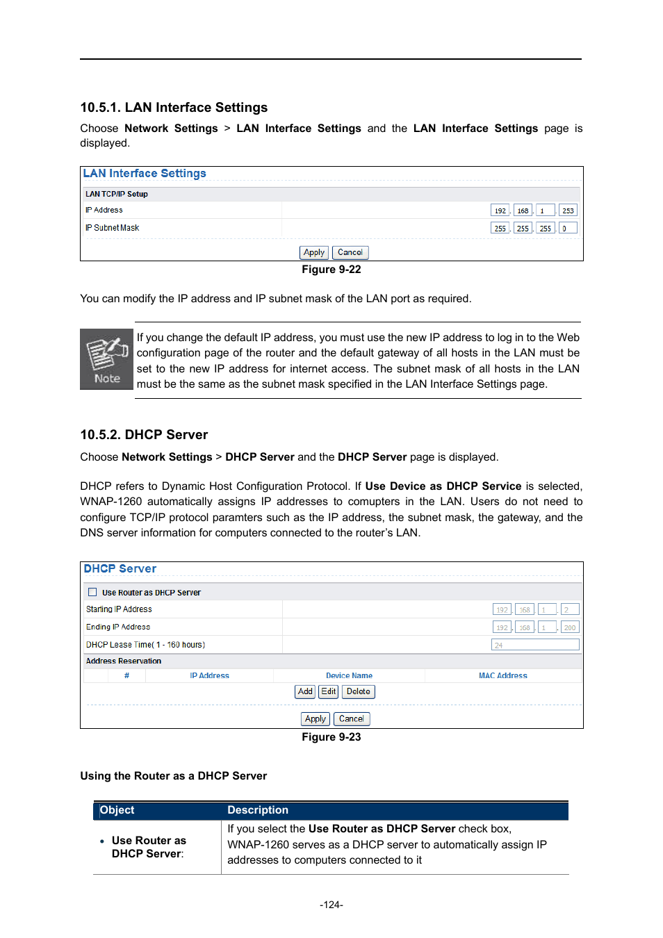 Lan interface settings, Dhcp server, Using the router as a dhcp server | PLANET WNAP-1260 User Manual | Page 132 / 154