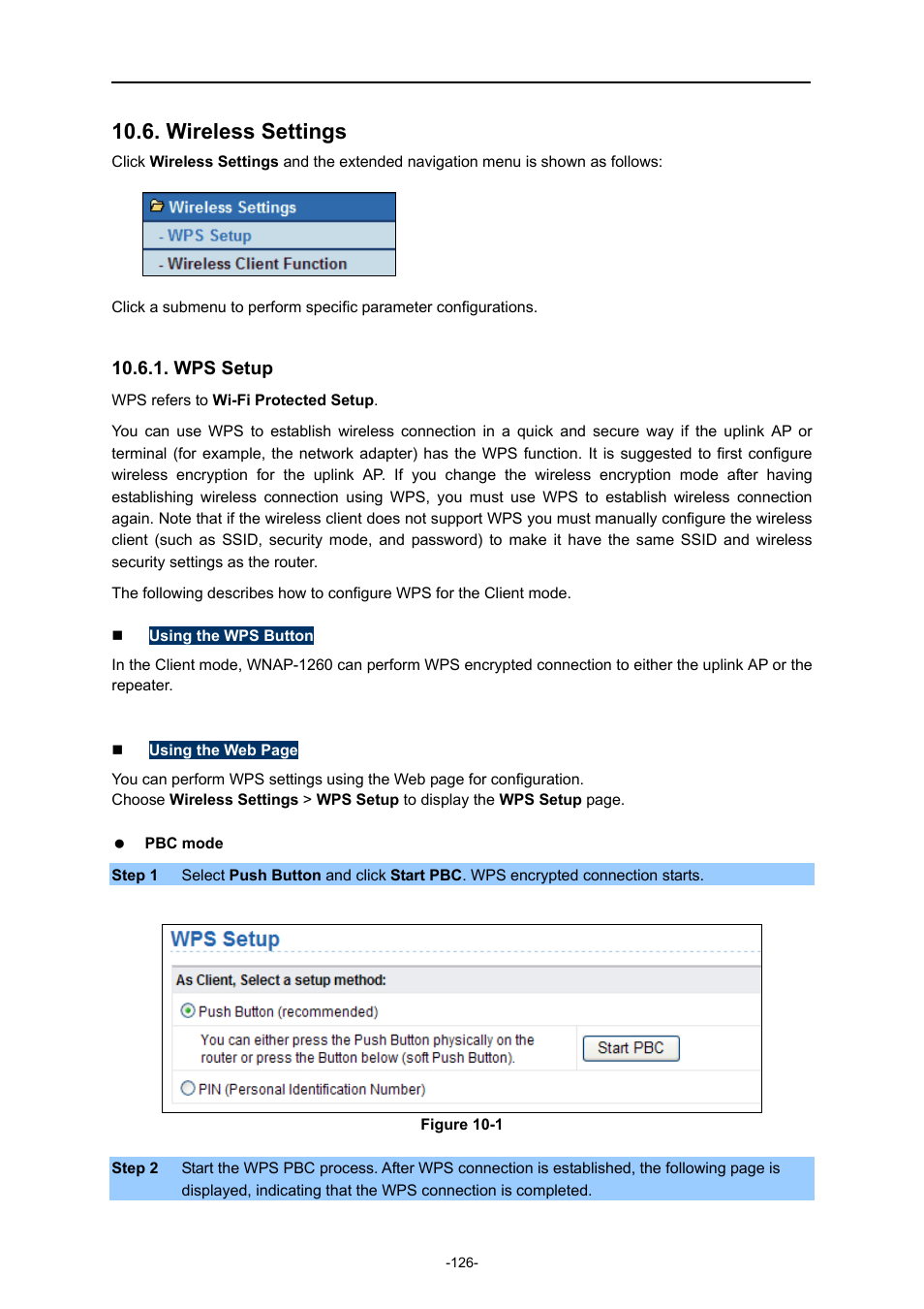 Wireless settings, Wps setup | PLANET WNAP-1260 User Manual | Page 134 / 154