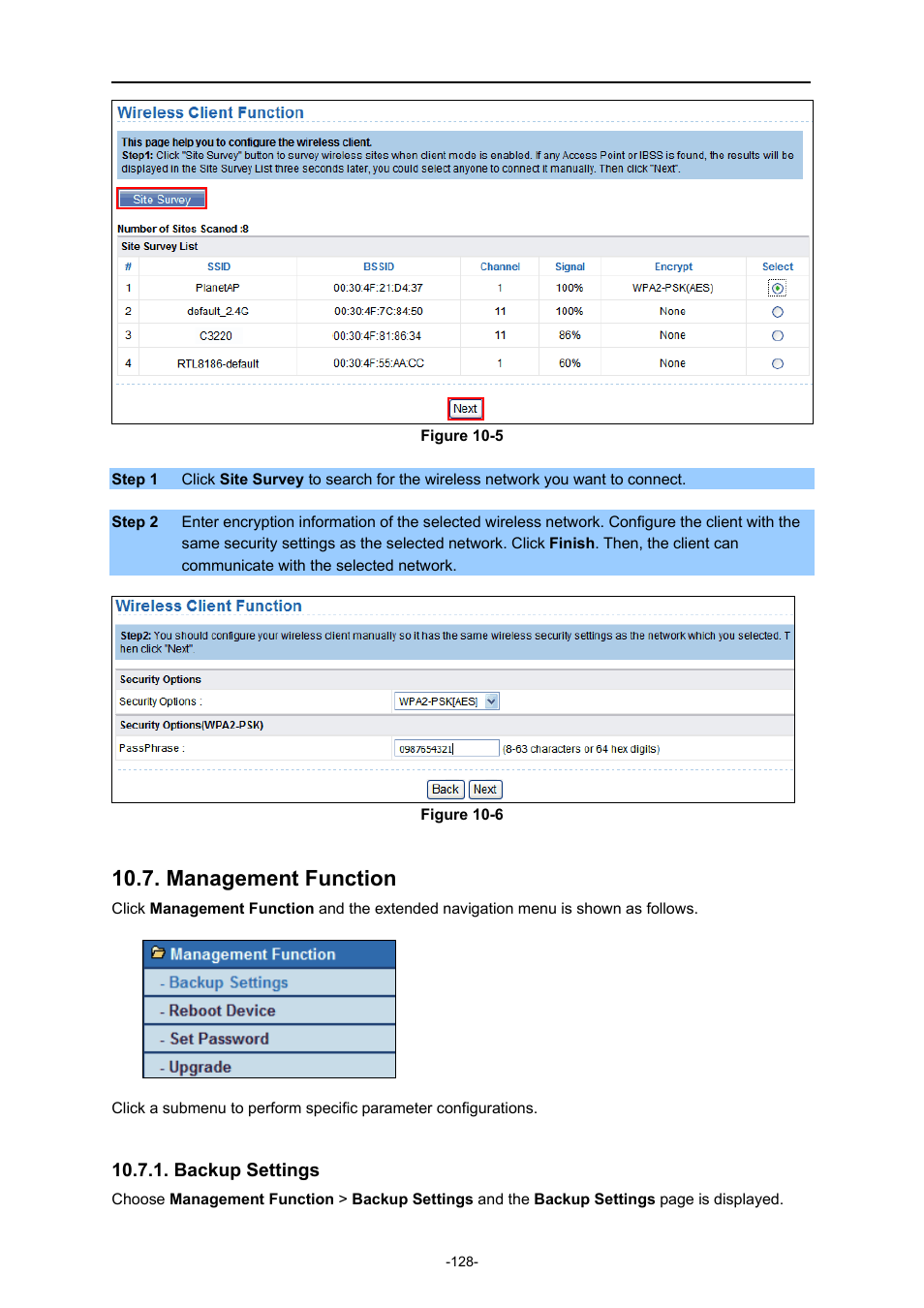 Management function, Backup settings | PLANET WNAP-1260 User Manual | Page 136 / 154