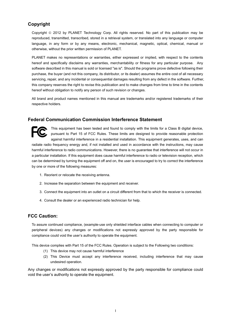 Copyright, Fcc caution | PLANET WNAP-1260 User Manual | Page 2 / 154
