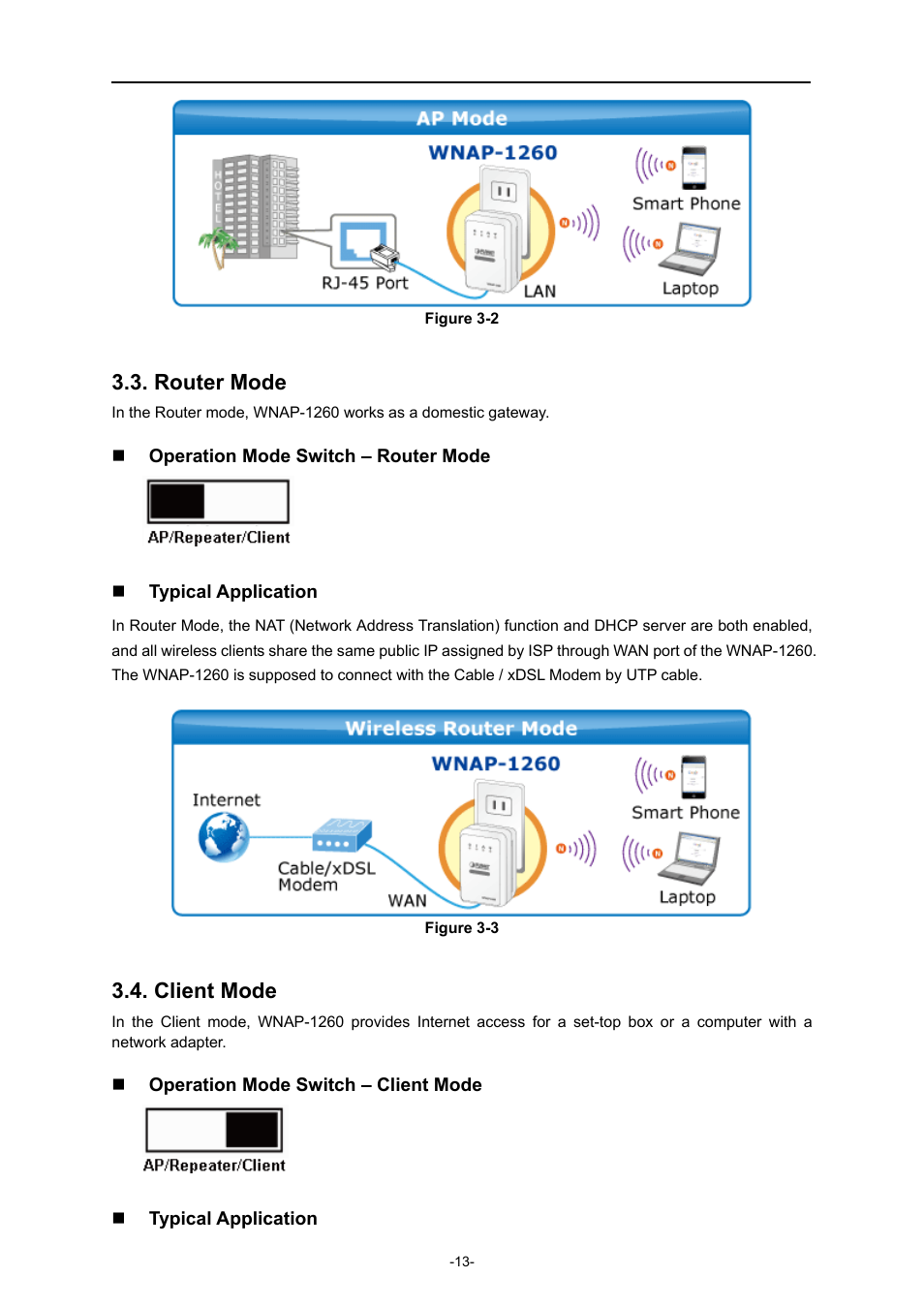 Router mode, Client mode | PLANET WNAP-1260 User Manual | Page 21 / 154
