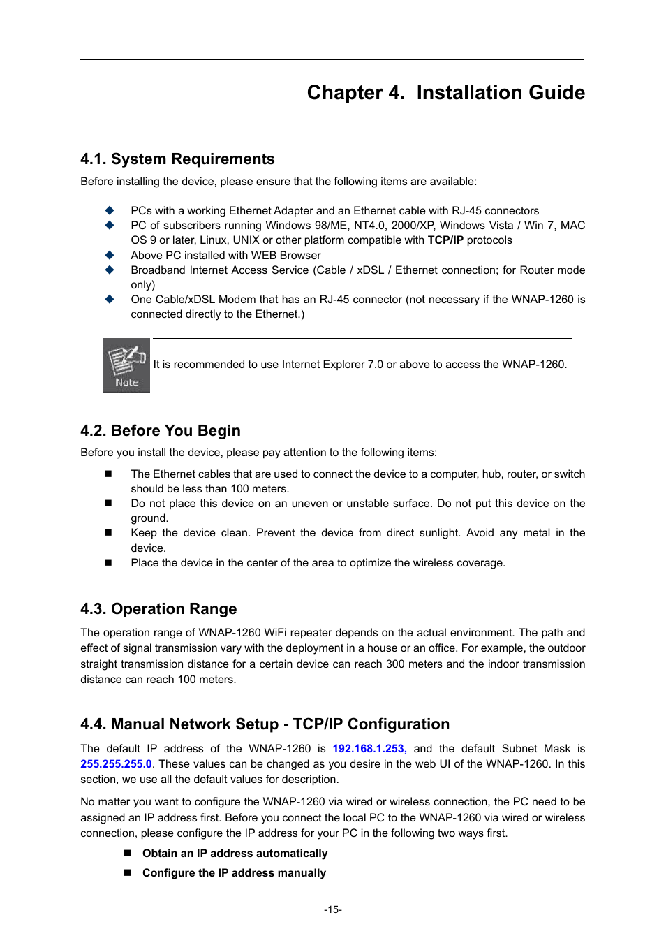 Chapter 4. installation guide, System requirements, Before you begin | Operation range, Manual network setup - tcp/ip configuration | PLANET WNAP-1260 User Manual | Page 23 / 154