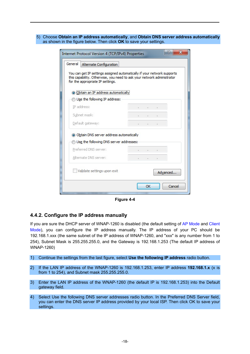 Configure the ip address manually | PLANET WNAP-1260 User Manual | Page 26 / 154