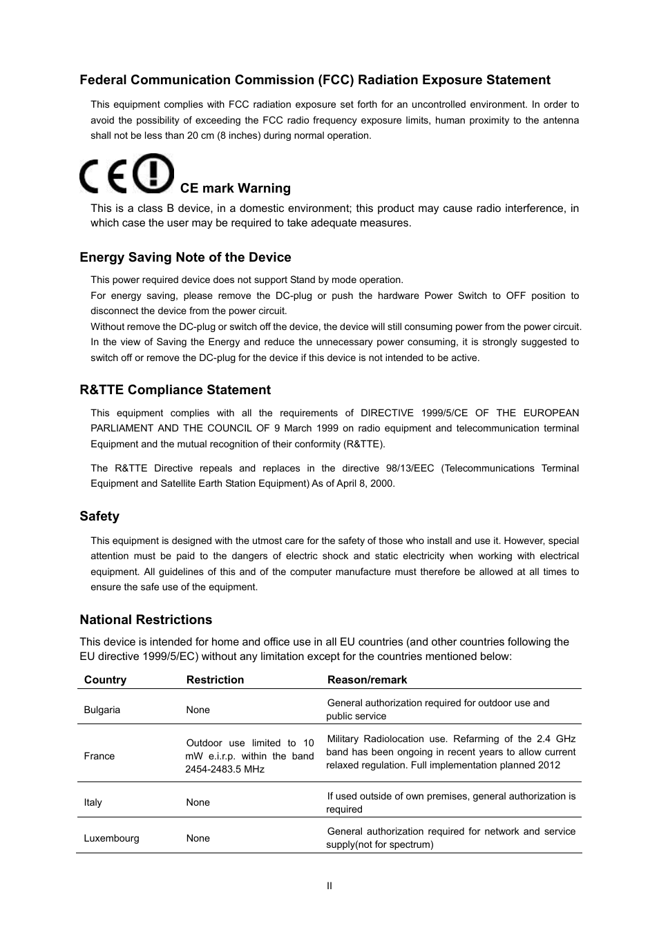 Ce mark warning, R&tte compliance statement, Safety | National restrictions | PLANET WNAP-1260 User Manual | Page 3 / 154