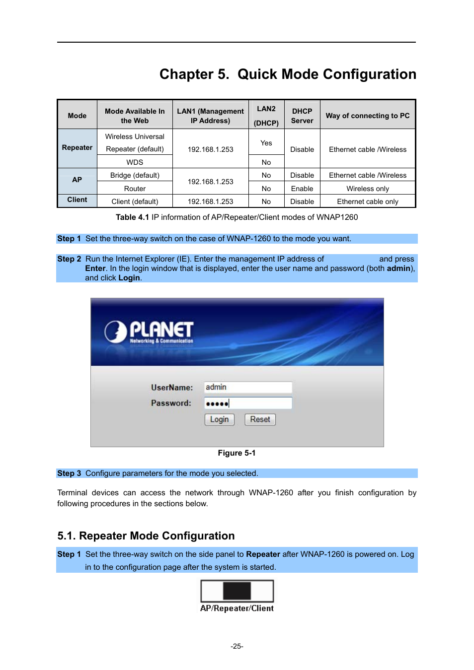 Chapter 5. quick mode configuration, Repeater mode configuration | PLANET WNAP-1260 User Manual | Page 33 / 154