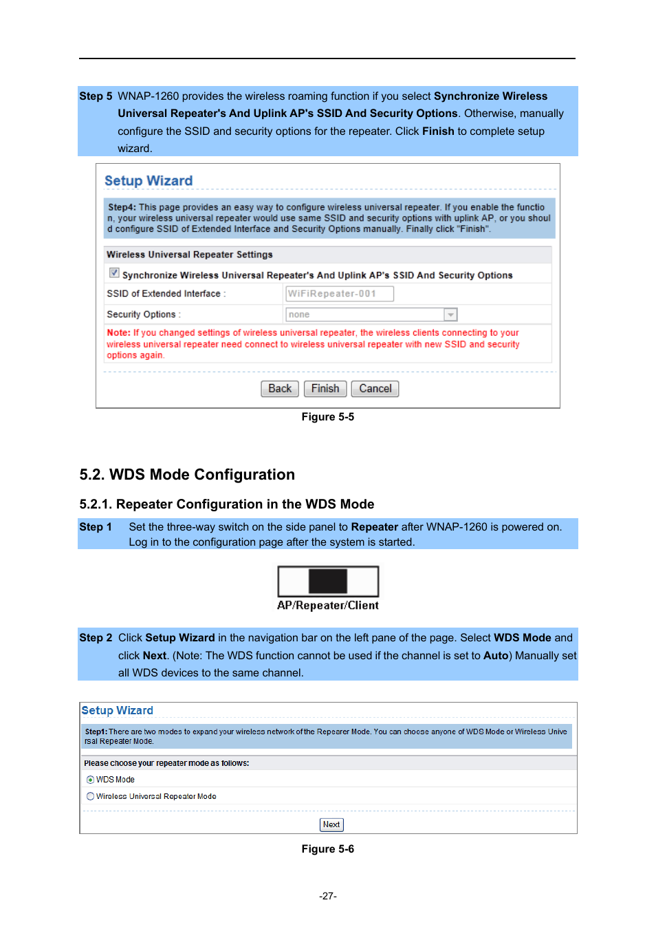 Wds mode configuration, Repeater configuration in the wds mode | PLANET WNAP-1260 User Manual | Page 35 / 154