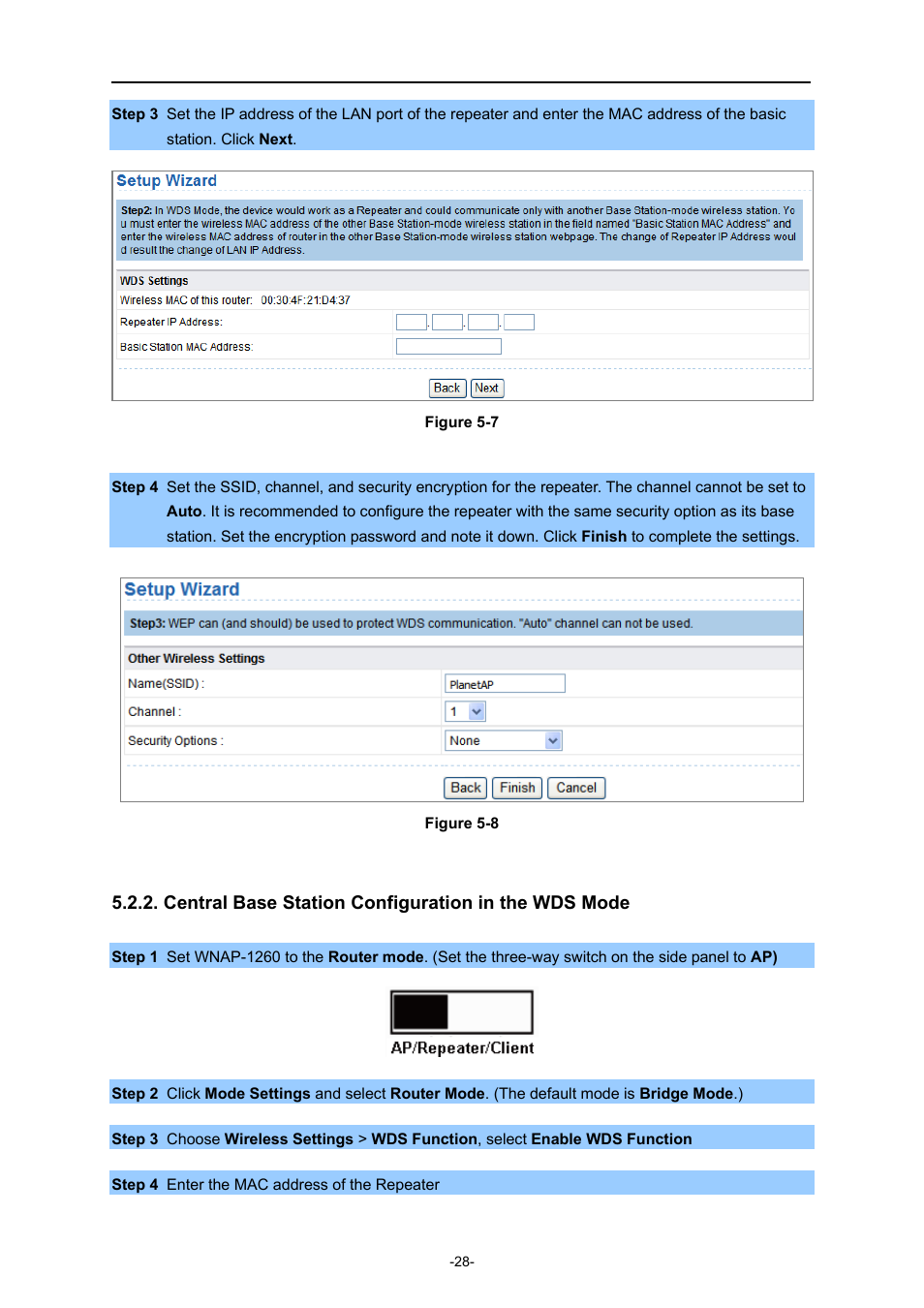 Central base station configuration in the wds mode | PLANET WNAP-1260 User Manual | Page 36 / 154