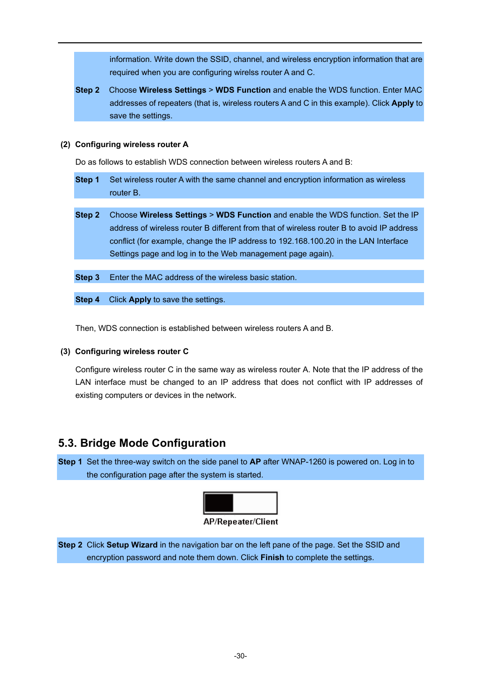 Bridge mode configuration | PLANET WNAP-1260 User Manual | Page 38 / 154