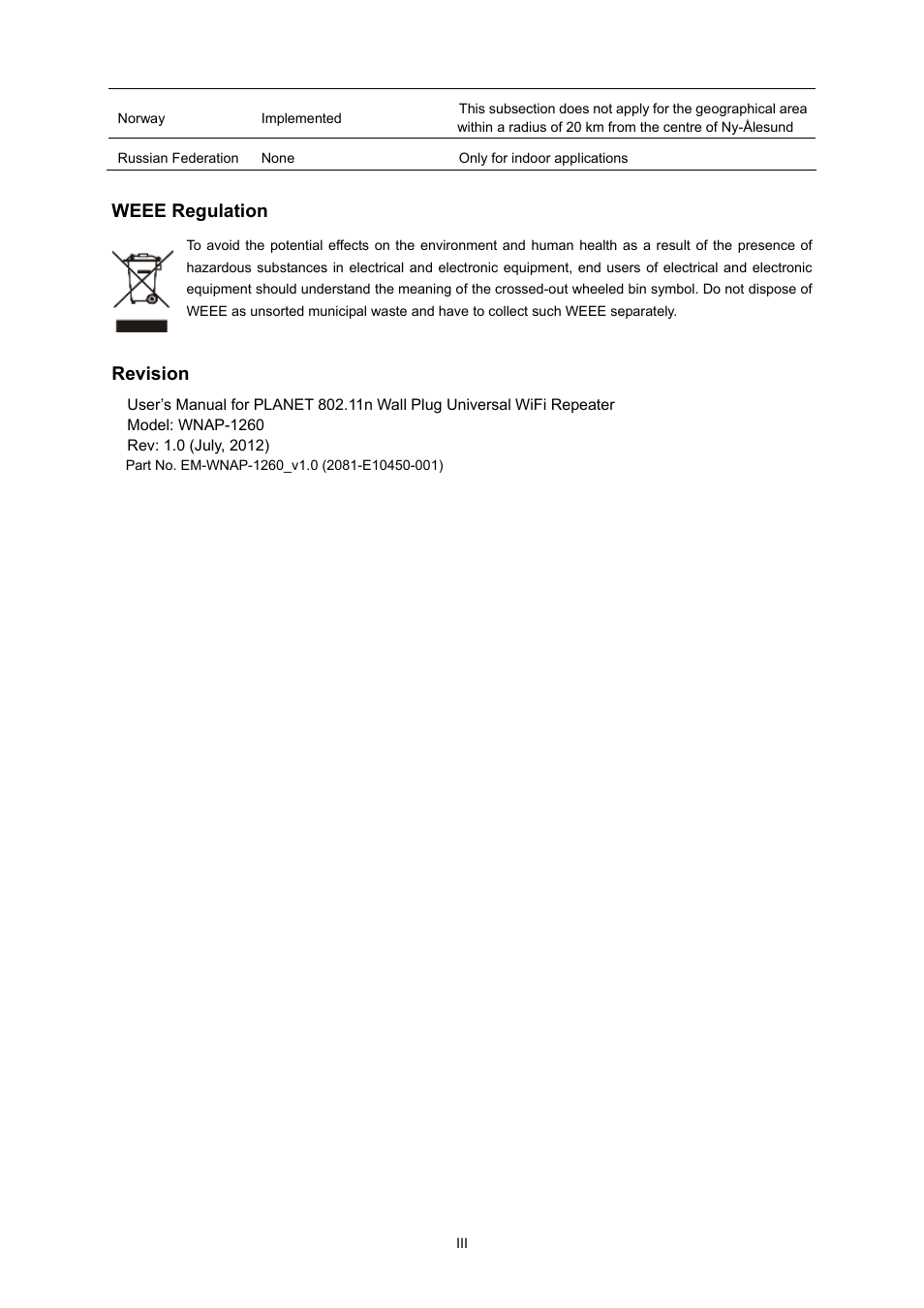 Weee regulation, Revision | PLANET WNAP-1260 User Manual | Page 4 / 154