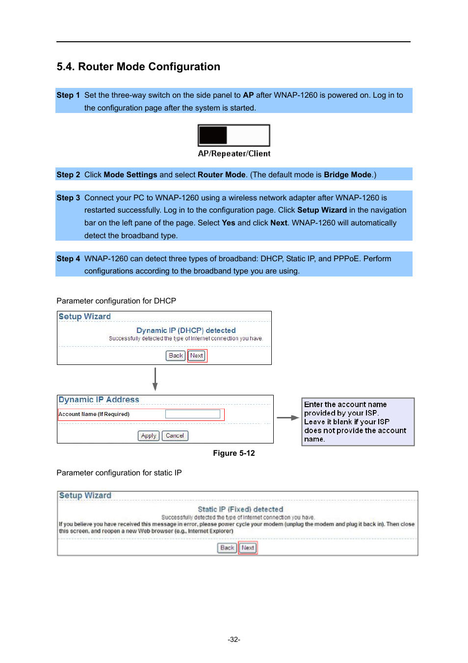 Router mode configuration | PLANET WNAP-1260 User Manual | Page 40 / 154