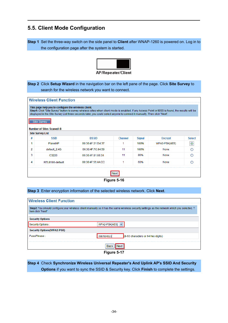 Client mode configuration | PLANET WNAP-1260 User Manual | Page 42 / 154