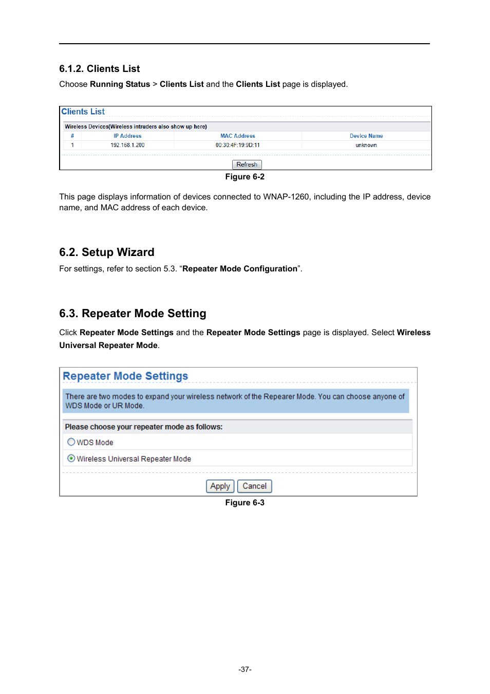 Clients list, Setup wizard, Repeater mode setting | PLANET WNAP-1260 User Manual | Page 45 / 154